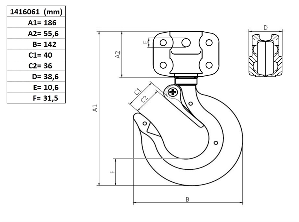 BOTTOM HOOK ASSY, TYPE 14, 2000KGS